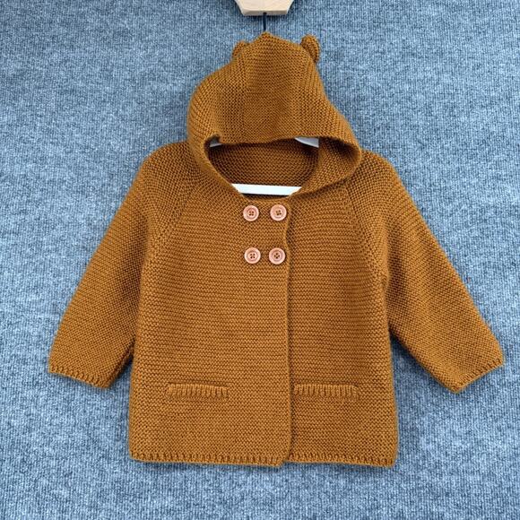 Handmade Other - Hand Knit Hooded Cardigan Sweater Size 3/4 Brown Bear Ears Neutral Minimalist